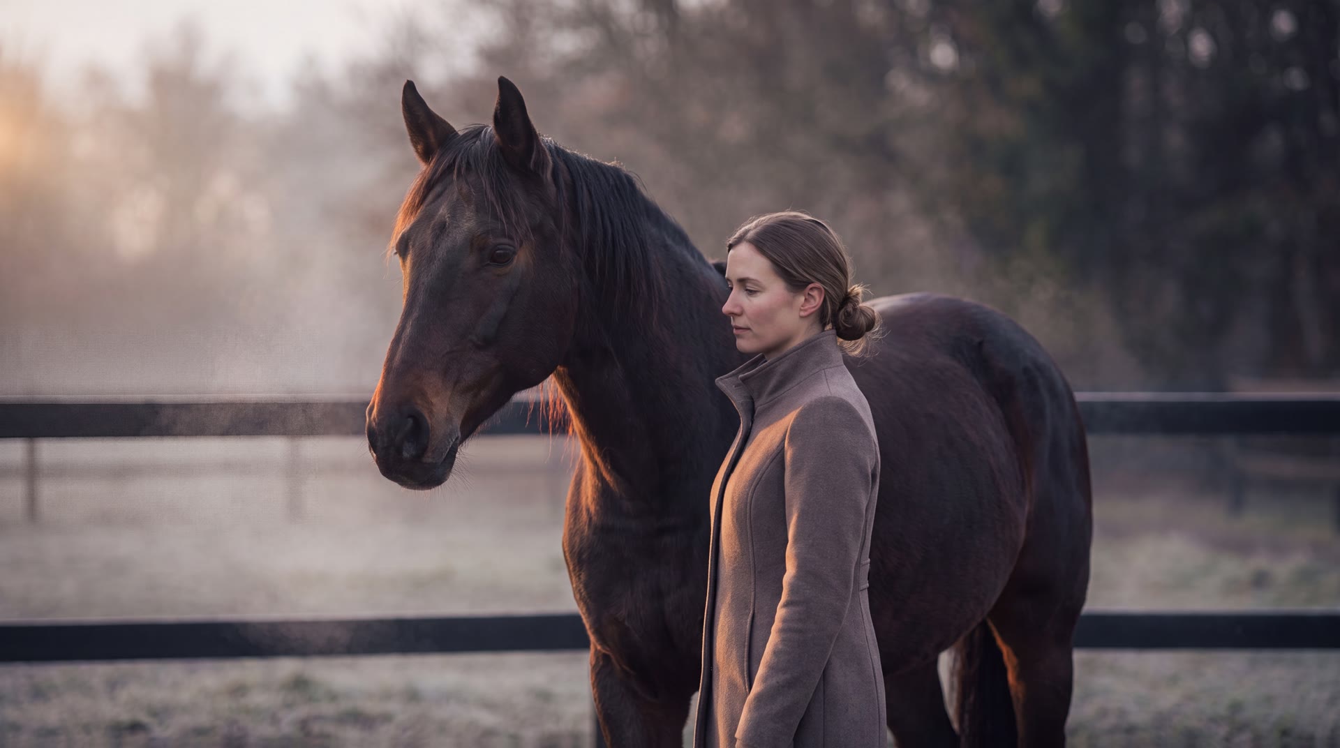 Une personne calme, debout à côté d’un cheval dans la lumière du matin.